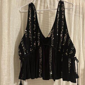 Anthropologie “Forever That Girl” black top with gold sequins (XL)